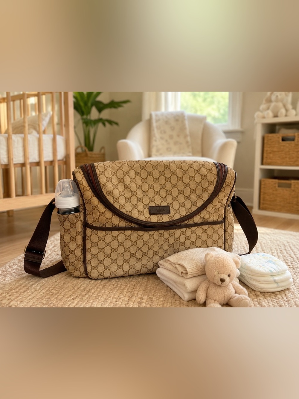 Gucci GG Monogram Canvas Diaper Bag Baby Bag Messenger Brown Leather Trim